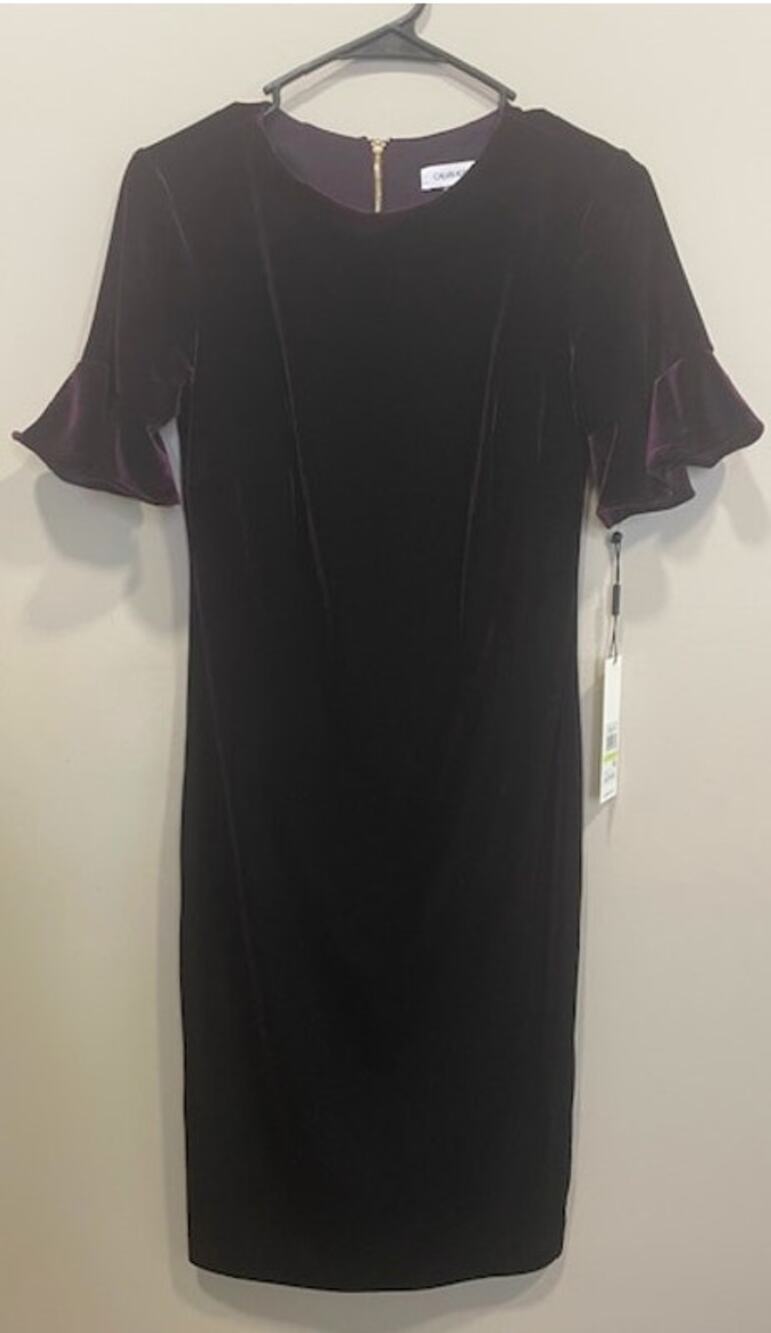 NWT Calvin Klein Velvet Mini Dress Eggplant Ruffle Sleeve Sz 4 Romantic